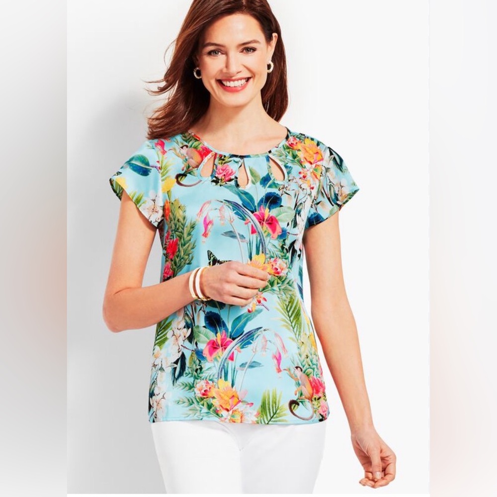 RSVP by Talbots Flutter-Sleeve Teardrop Cutout Top, Tropical Print, Medium